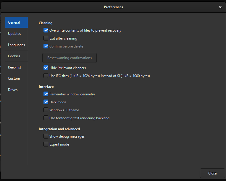 BleachBit Preferences showing the Cookies tab in the sidebar