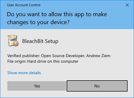 BleachBit 4.6.2 Windows 10 User Access Control verified publisher